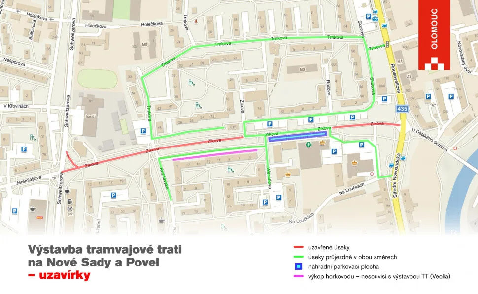 Stavba tramvajové trati na Nové Sady uzavře další ulice. U supermarketu vznikne provizorní parkoviště