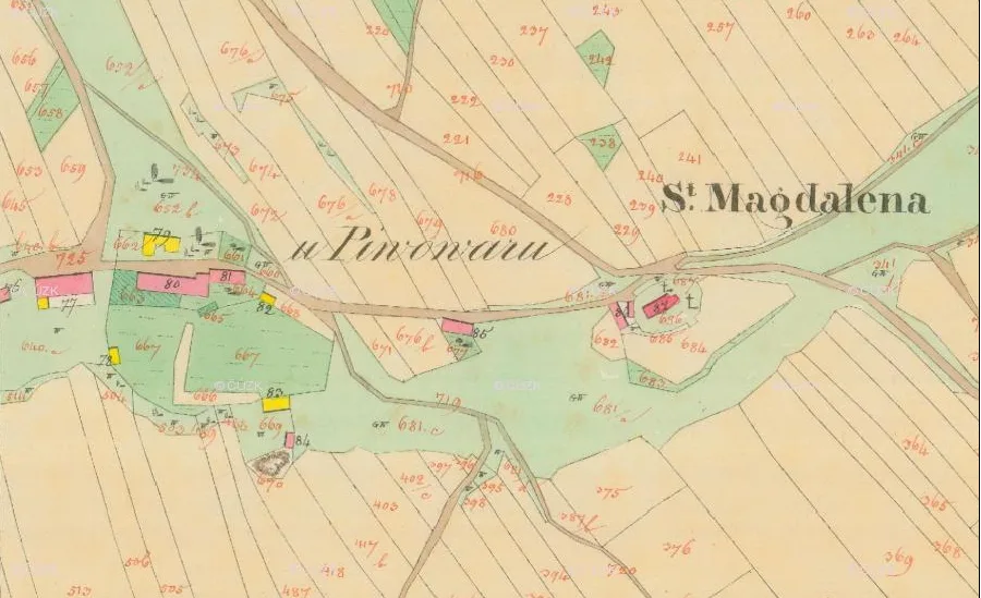Výřez z mapy Stabilního katastru Bouzova z roku 1834