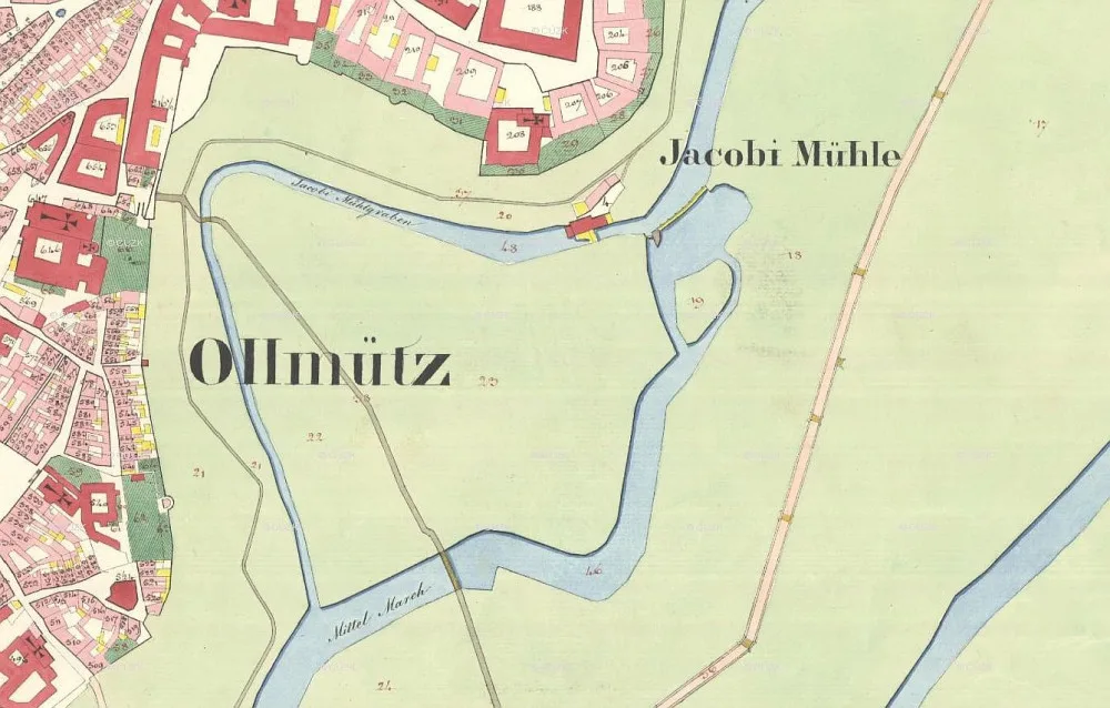 Jakubský mlýn (Jacobimühle) na Císařských povinných otiscích stabilního katastru z roku 1831