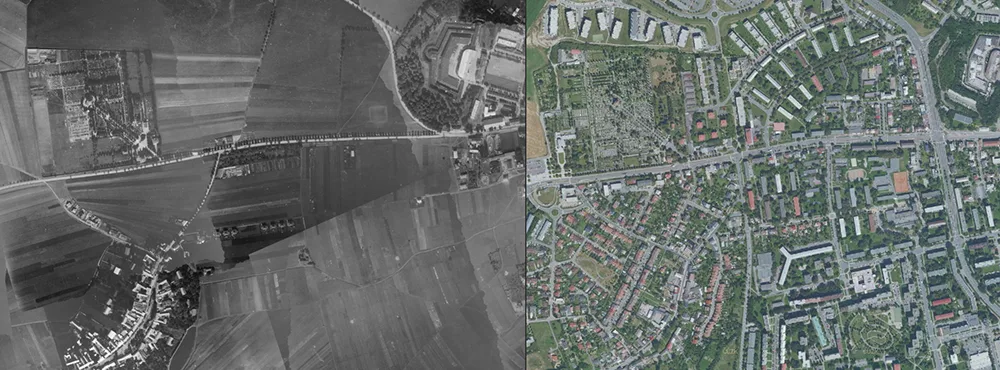 Pohled na ústřední Hřbitov v Olomouci a jeho okolí v letech 1927 a 2021
