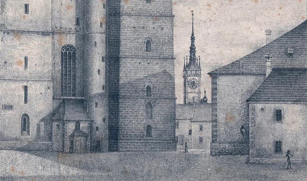Mořické náměstí - pohled od západu, vpravo roh Mořické školy - detail (1820-1840) (SOkA)