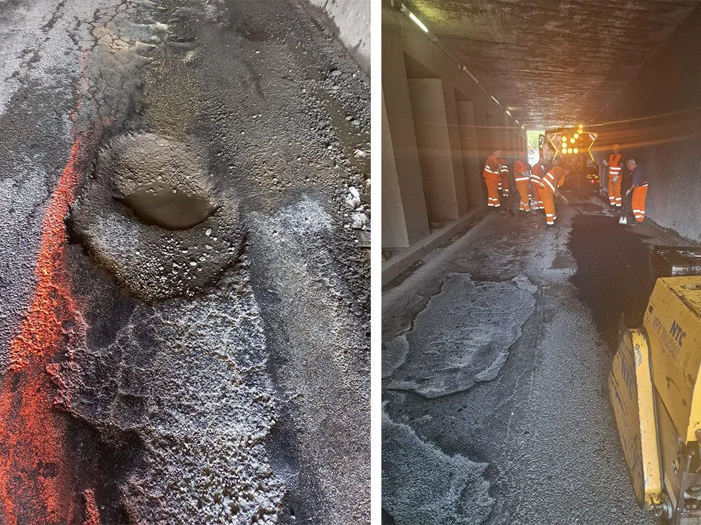 Nebezpečné výtluky a rychlá oprava. Rušný podjezd v Přerově zatěžují náklaďáky s materiálem pro D1