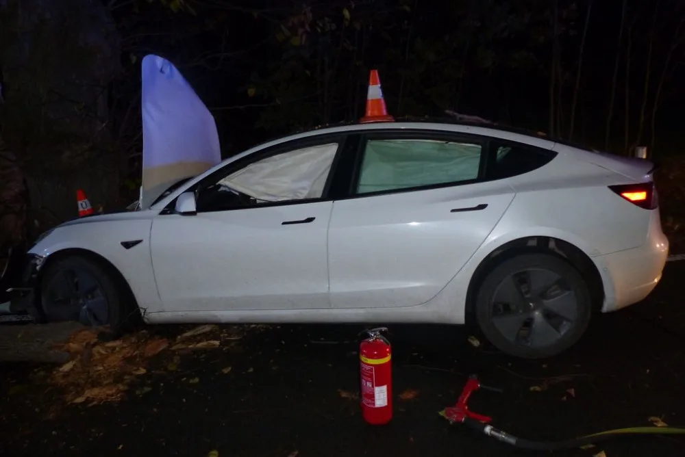 Řidič Tesly se u Žulové lekl protijedoucího vozu a narazil do stromu. Škoda vystřelila na milion korun