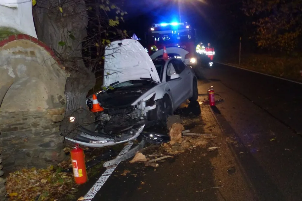 Řidič Tesly se u Žulové lekl protijedoucího vozu a narazil do stromu. Škoda vystřelila na milion korun