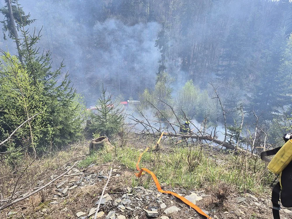 Deset jednotek hasičů zápolilo s lesním požárem na Olomoucku. K ohniskům se museli i slaňovat