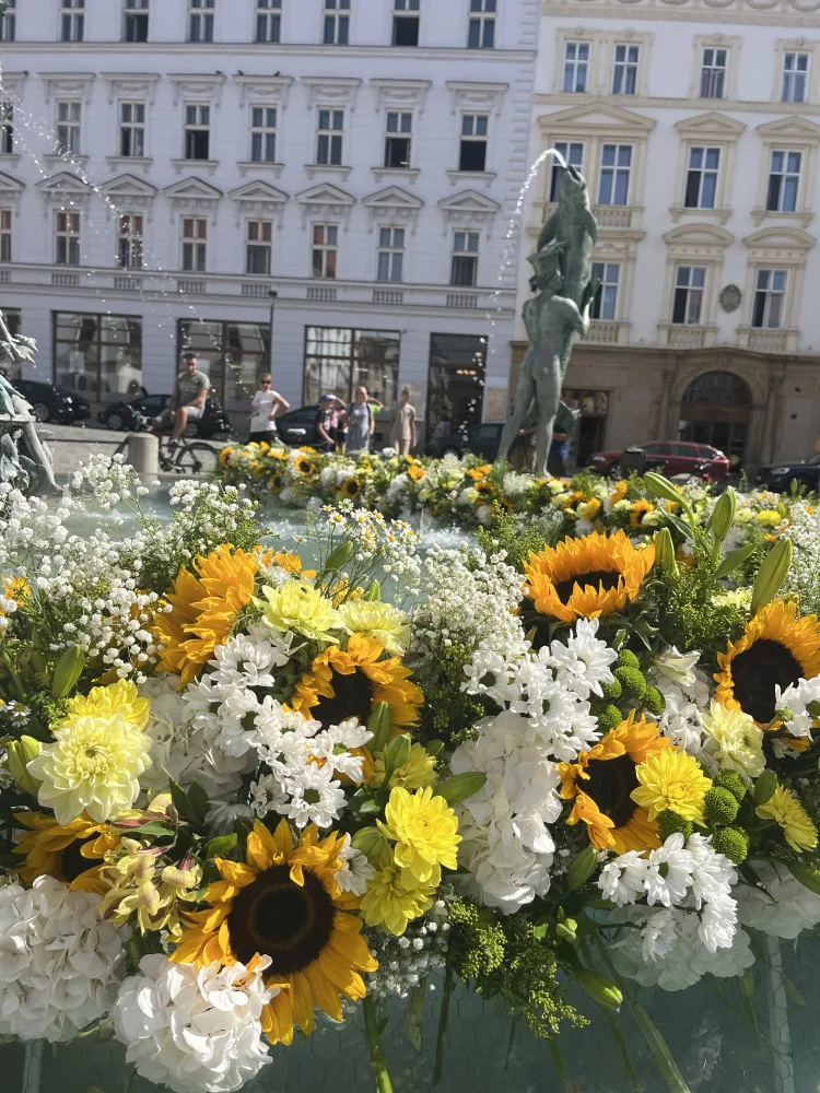 Arionovu kašnu v centru Olomouce rozzářily tisíce květin. Aranžmá je letos inspirované barokem