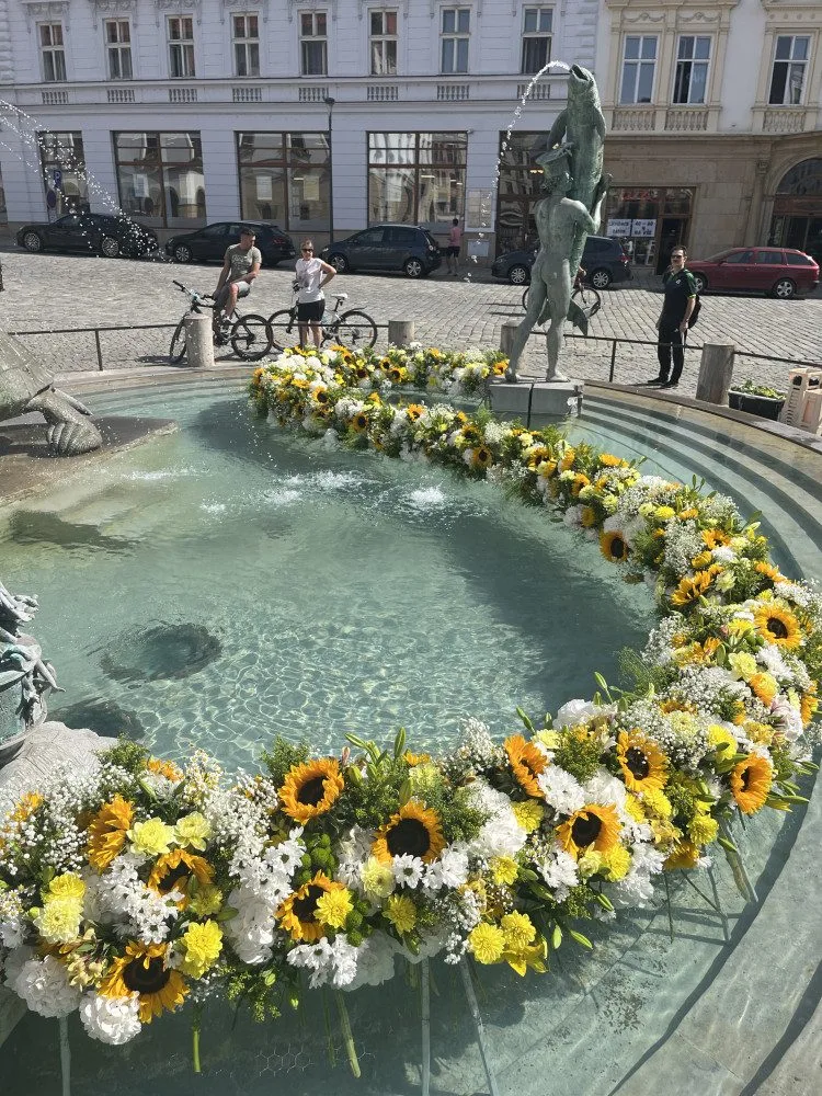 Arionovu kašnu v centru Olomouce rozzářily tisíce květin. Aranžmá je letos inspirované barokem