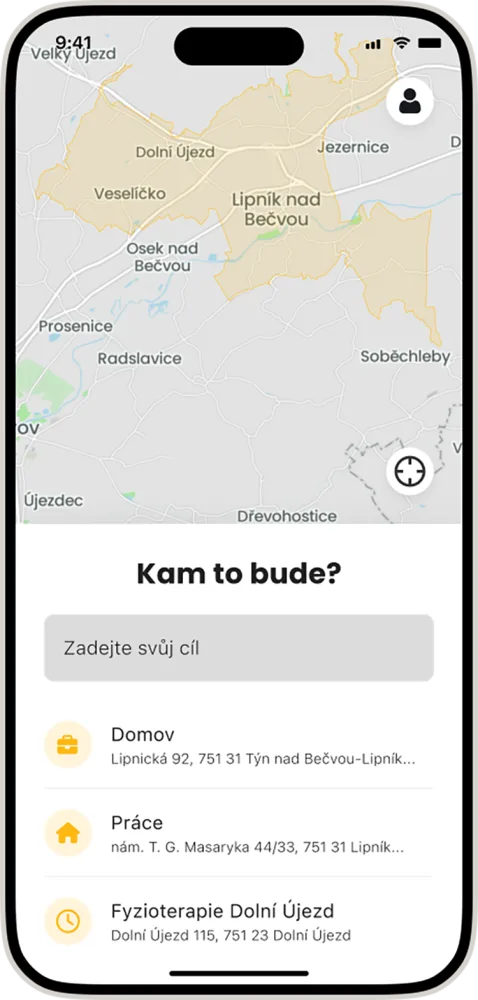V aplikaci vyznačená oblast, ve které bude možné objednávat jízdy mikrobusem