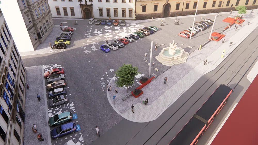 Vizualizace z rozpracované studie proměny náměstí Republiky v Olomouci, která nabízí varianty trvalé či sezonní úpravy