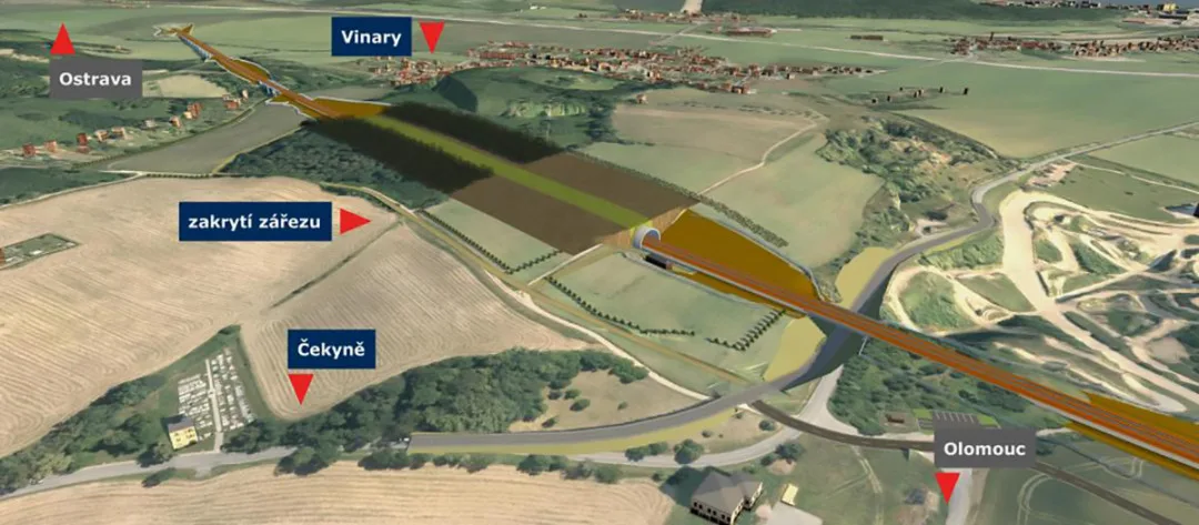 Vizualizace vedení vysokorychlostní trati u Přerova