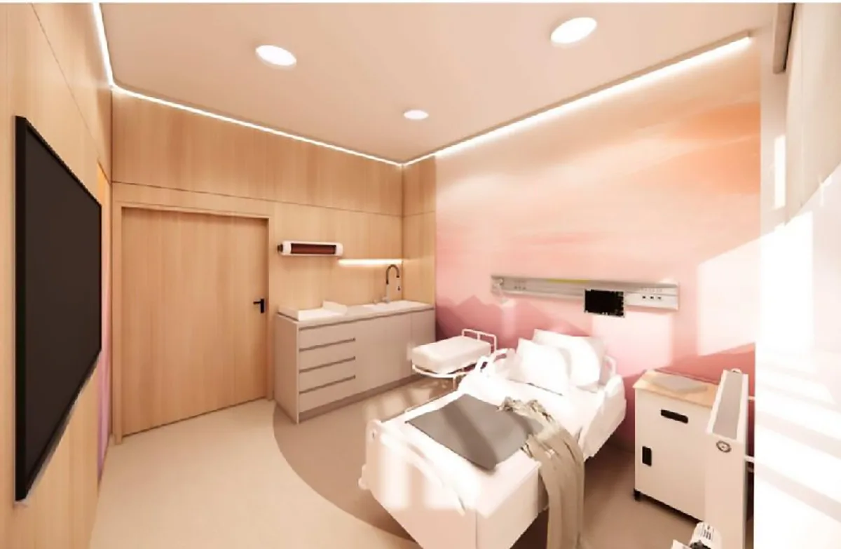 Vizualizace pokoje na oddělení šestinedělí šternberské porodnice po dokončení modernizace