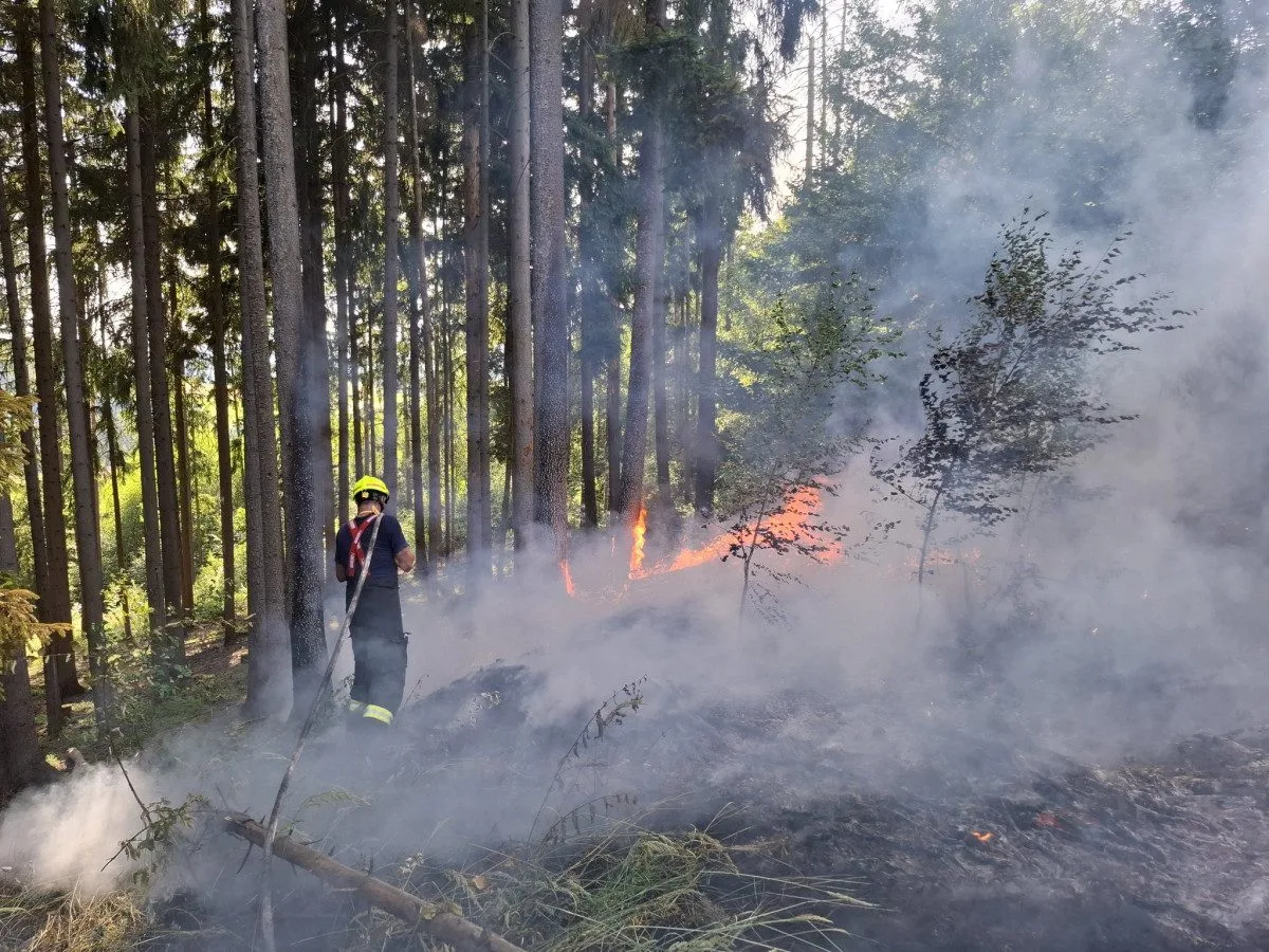 U Bludova hoří les. Zasahuje i vrtulník a dron s termokamerou
