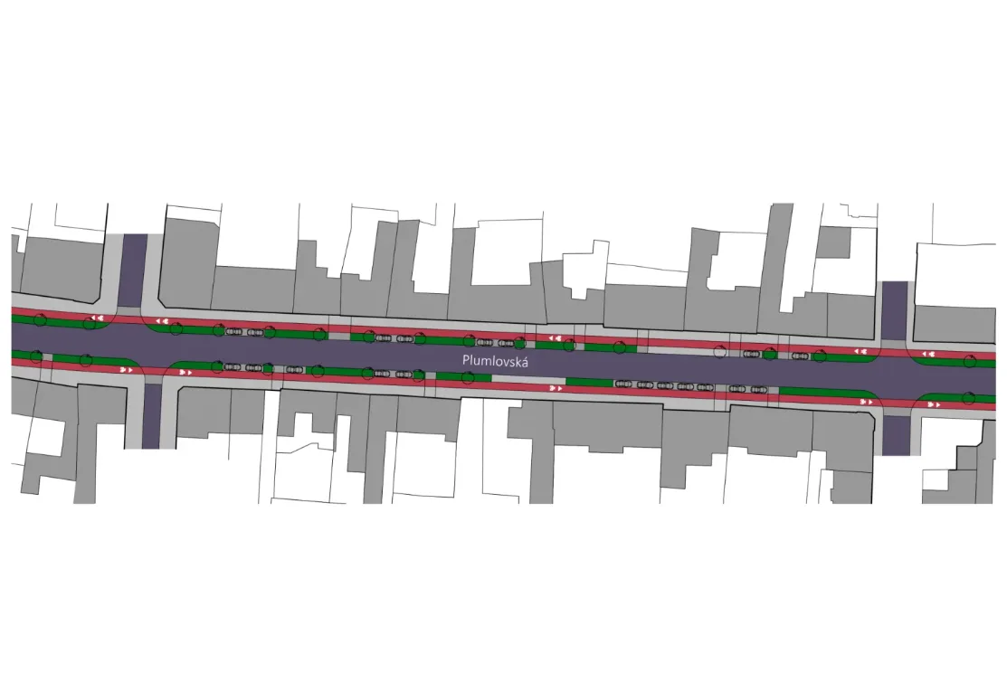 Návrh, jak mohla Plumlovská ulice vypadat s oddělenou infrastrukturou pro jízdu na kole.