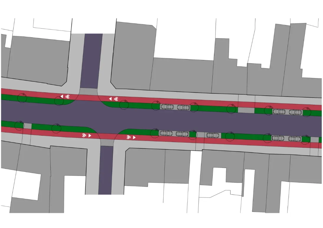 Návrh, jak Plumlovská ulice mohla vypadat s oddělenou infrastrukturou pro jízdu na kole.