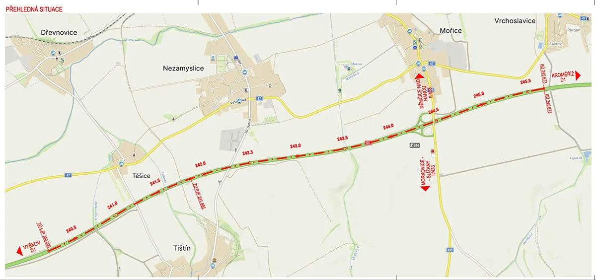 Omezení na D1 u Nezamyslic. Autostrádu na jihu Olomouckého kraje chystají na dopravní boom