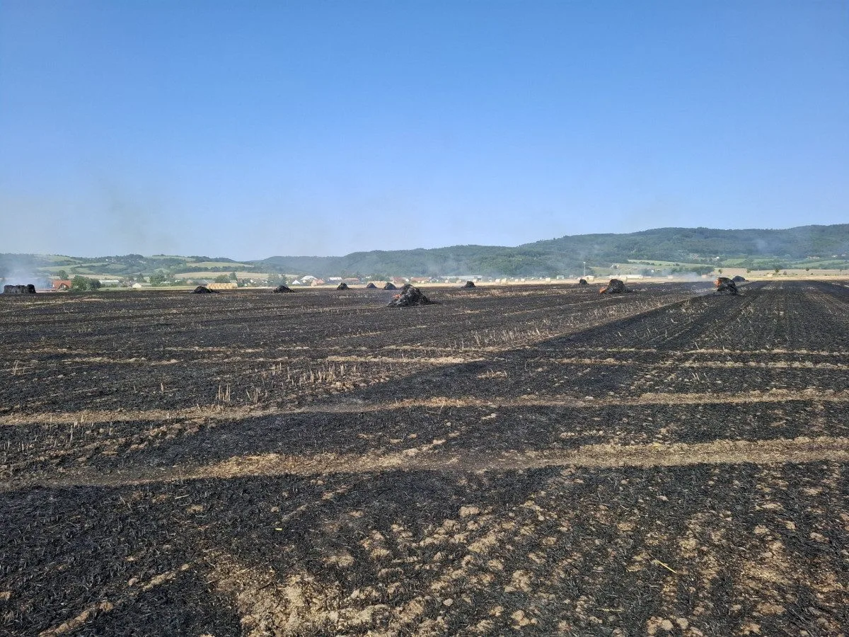 Padesát balíků slámy v plamenech. Hasiči likvidovali požár pole a zemědělského stroje u Dlouhé Loučky