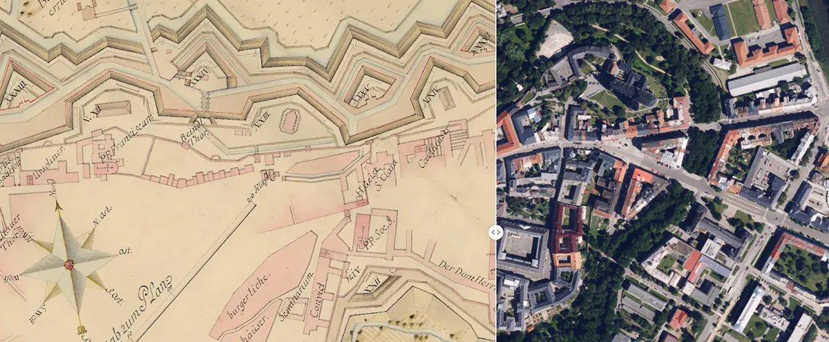 Raportní plán olomoucké pevnosti z roku 1769 a ortofoto mapa z roku 2024