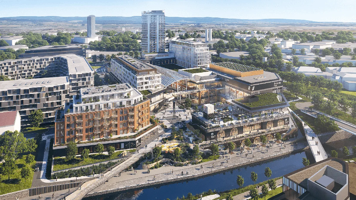 Vizualizace projektu Šantovka District v Olomouci, vepředu nalevo bíle zaznačený dům na adrese Šantova 10
