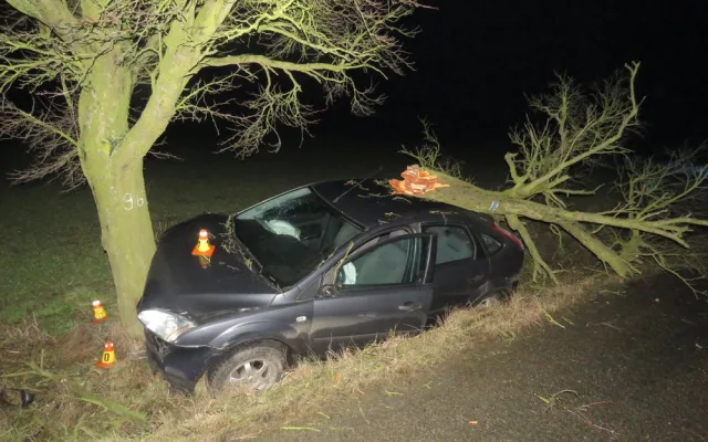 Opilý řidič nezvládl své auto, vyletěl s ním ze silnice a přerazil vzrostlý strom