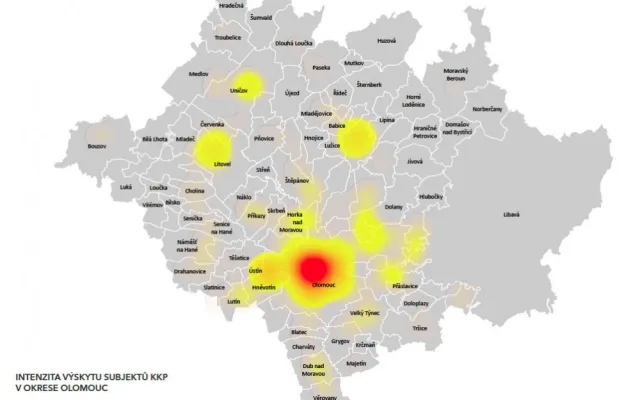 Intenzita výskytu subjektů v Olomouckém kraji