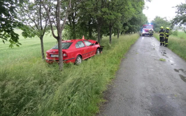 Řidiči do cesty vběhla srna. Na mokré silnici dostal smyk a čelně narazil do stromu