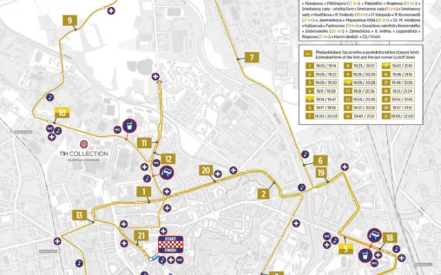 Plán trasy olomouckého půlmaratonu. Na trať měřící 21,1 kilometru vyrazí tisíce bězců v různých kategoriích