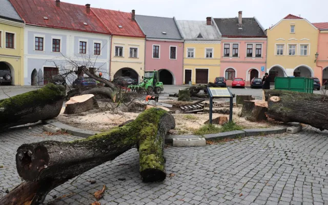 Šest staletých líp na přerovském Horním náměstí pokáceli pracovníci odborné firmy