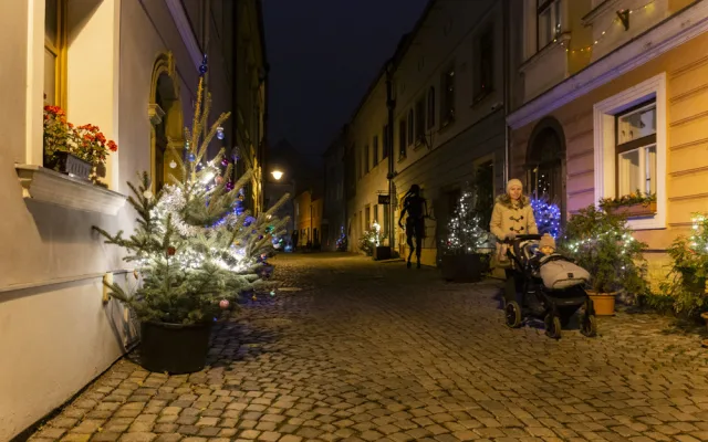 Sváteční ulička v centru Olomouce. Již podruhé ji rozzářily vánoční stromky