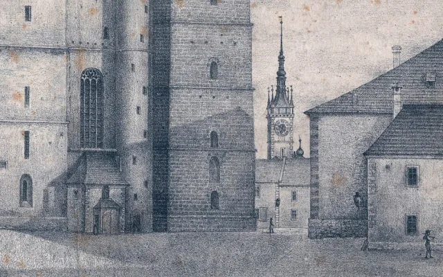 Mořické náměstí - pohled od západu, vpravo roh Mořické školy - detail (1820-1840) (SOkA)