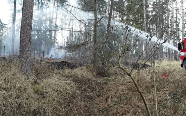 První letošní požár lesa. U Nové Hradečné hořel travní porost a malé jehličnaté stromky