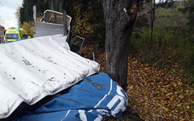 Na Šumpersku havaroval kamion, který převážel šest tun baterií. Do lesa unikla kyselina sírová