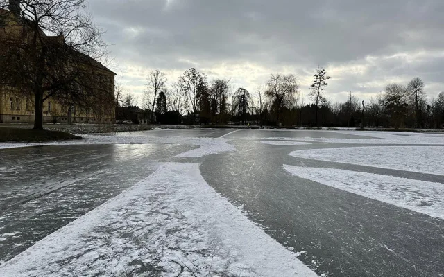 Rybník ometený frézami a nasvícený reflektory. V Litovli se bruslí i večer, zájem je enormní