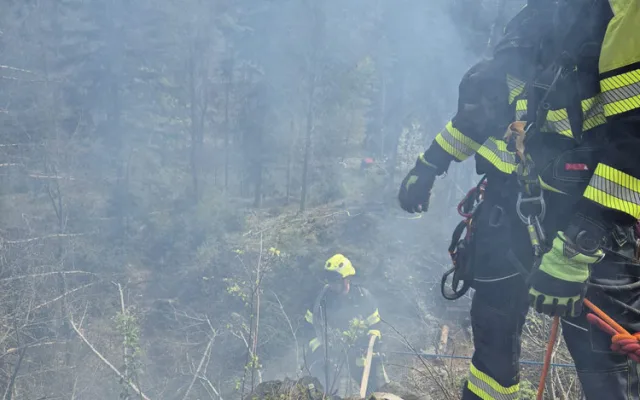 Deset jednotek hasičů zápolilo s lesním požárem na Olomoucku. K ohniskům se museli i slaňovat