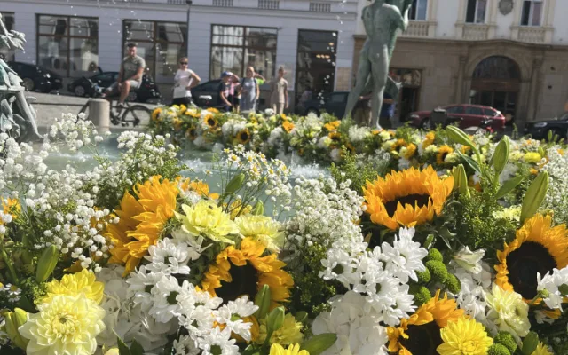Arionovu kašnu v centru Olomouce rozzářily tisíce květin. Aranžmá je letos inspirované barokem