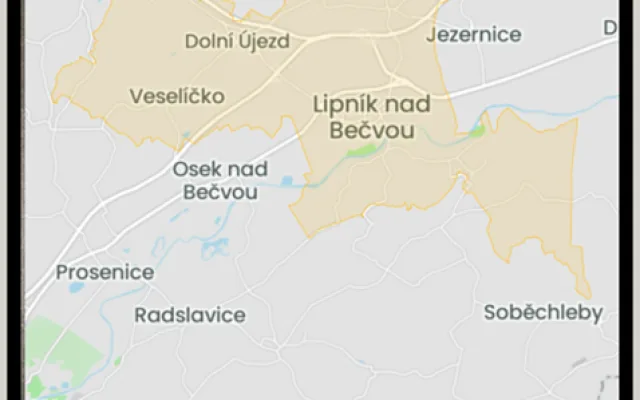 V aplikaci vyznačená oblast, ve které bude možné objednávat jízdy mikrobusem