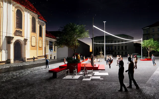 Vizualizace z rozpracované studie proměny náměstí Republiky v Olomouci, která nabízí varianty trvalé či sezonní úpravy