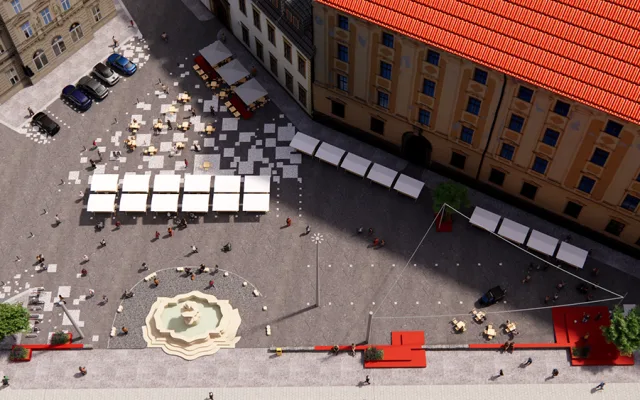 Vizualizace z rozpracované studie proměny náměstí Republiky v Olomouci, která nabízí varianty trvalé či sezonní úpravy