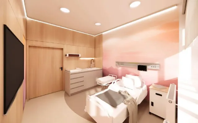 Vizualizace pokoje na oddělení šestinedělí šternberské porodnice po dokončení modernizace