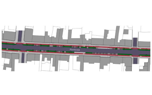 Návrh, jak mohla Plumlovská ulice vypadat s oddělenou infrastrukturou pro jízdu na kole.