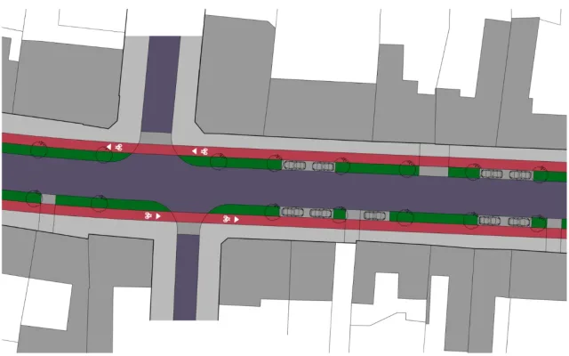 Návrh, jak Plumlovská ulice mohla vypadat s oddělenou infrastrukturou pro jízdu na kole.