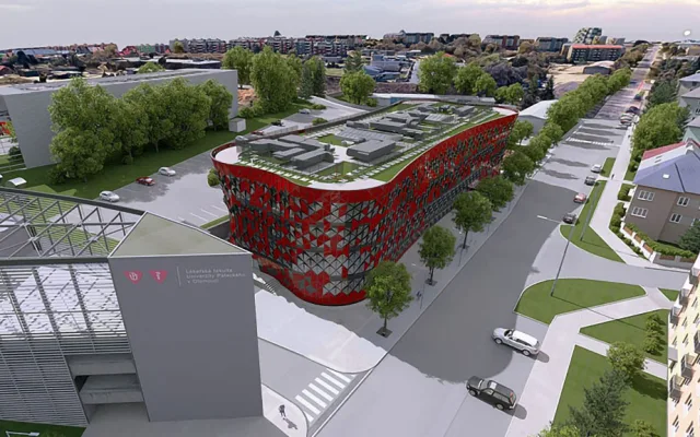Červené stínění a zelená střecha. V Olomouci míří k dokončení moderní stavba pro budoucí zdravotníky