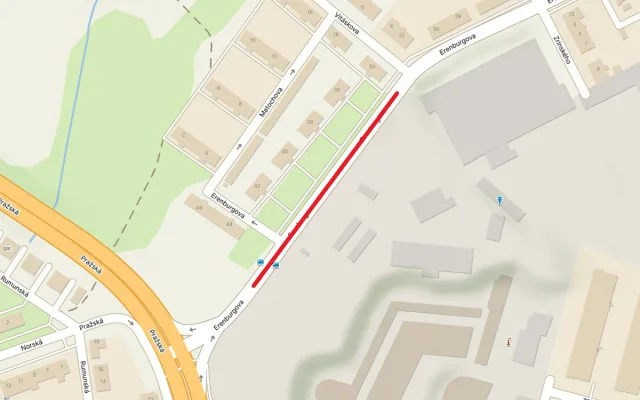 Vyznačení uzavřeného úseku Erenburgovy ulice