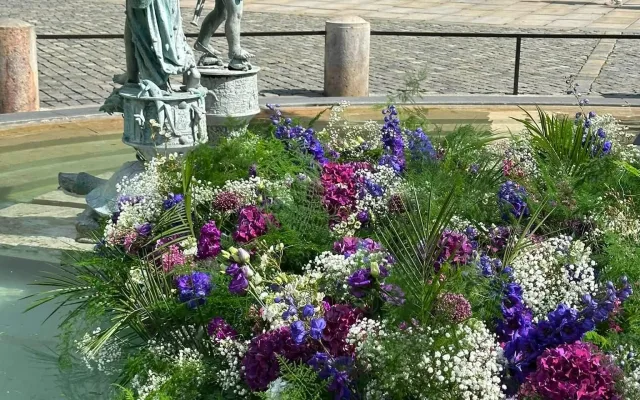 Pestrobarevná krása u radnice. Kašnu v Olomouci zdobí aranžmá ze stovek květů