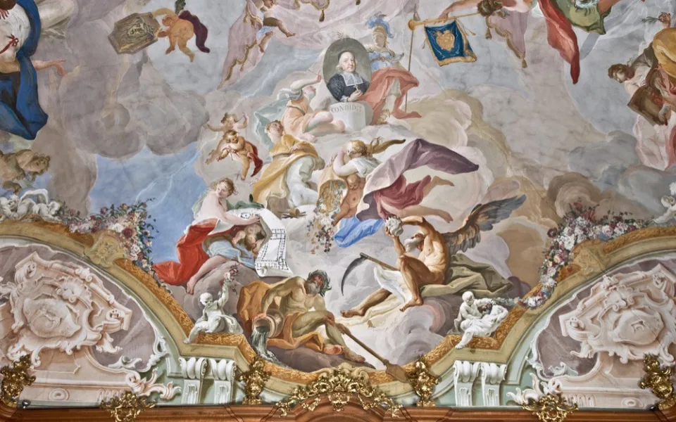 Josef Stern - Apoteóza Karla z Lichtensteinu-Castelcorna, nástěnná malba, 1759, Kroměříž, Arcibiskupský zámek, velký knihovní sál