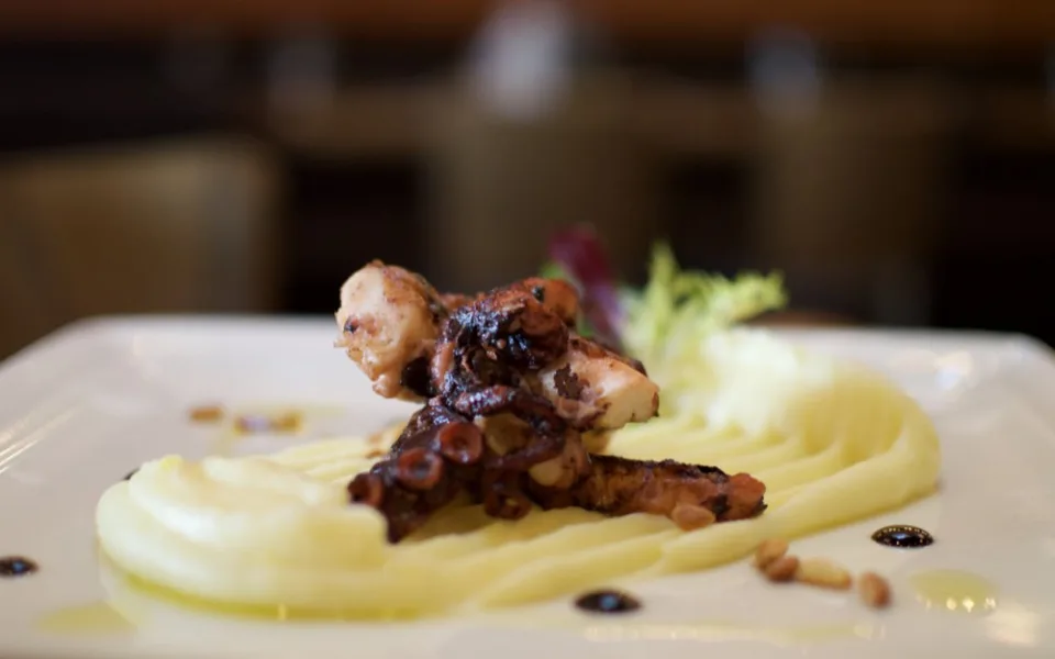 Grilovaná chobotnice, citronové pyré, smažené pinie, rukola