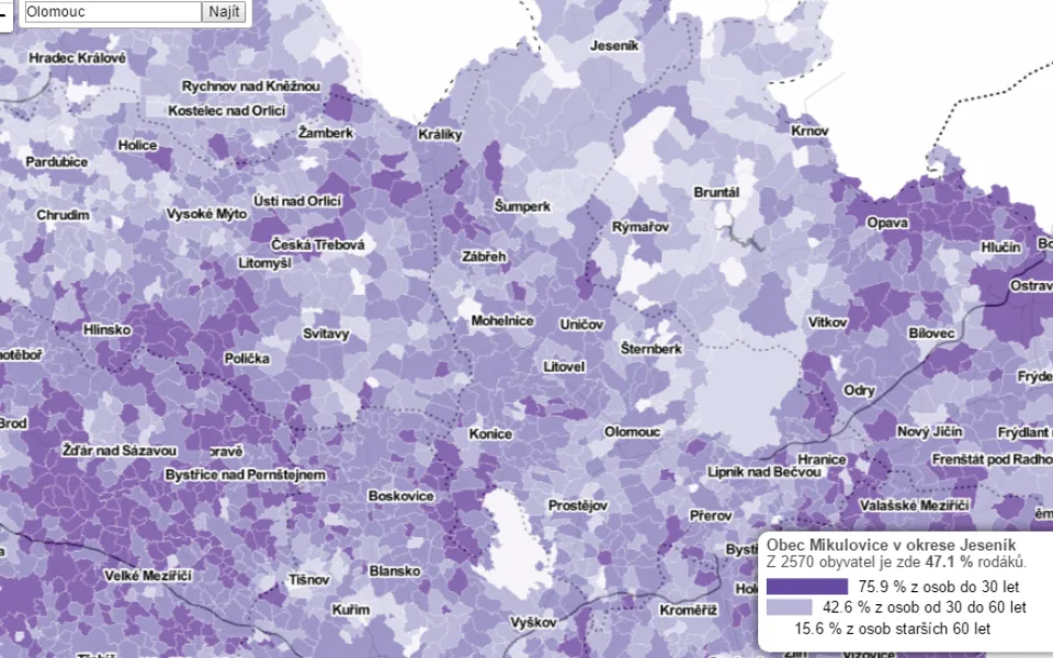 Interaktivní mapa od Českého rozhlasu umožňuje vyhledat procento rodáků ve všech obcích České republiky