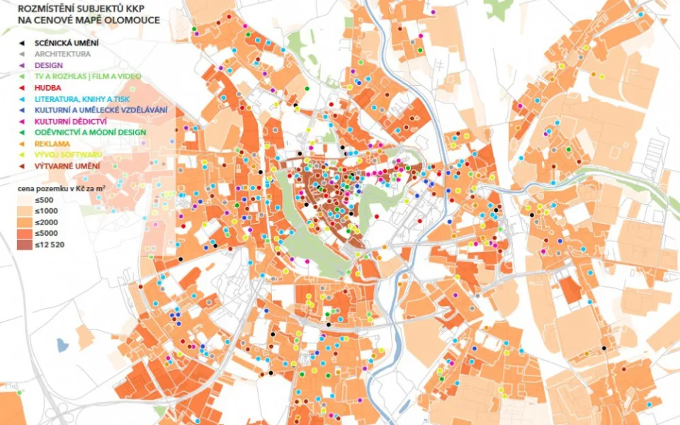 Rozmístění subjektů na cenové mapě Olomouce