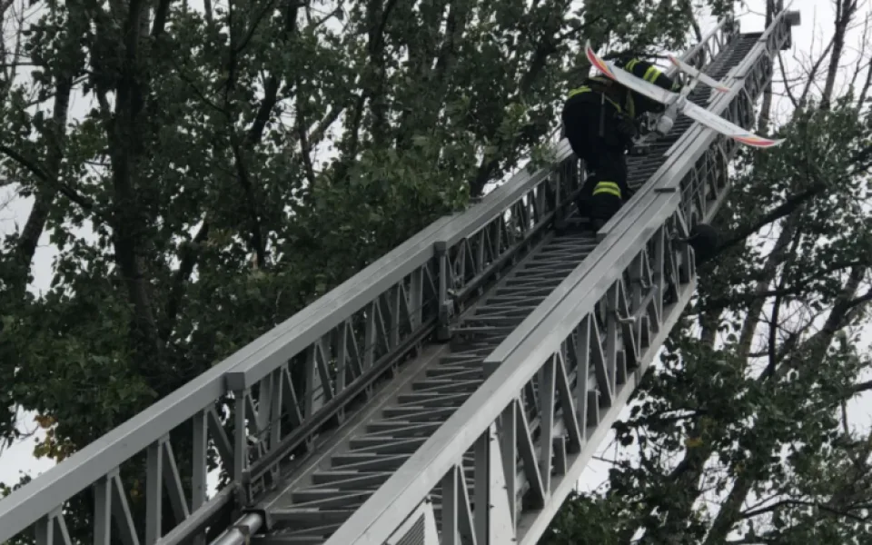 VIDEO: Hasiči sundávali ze stromu u silnice z Olomouce na Horku model letadla
