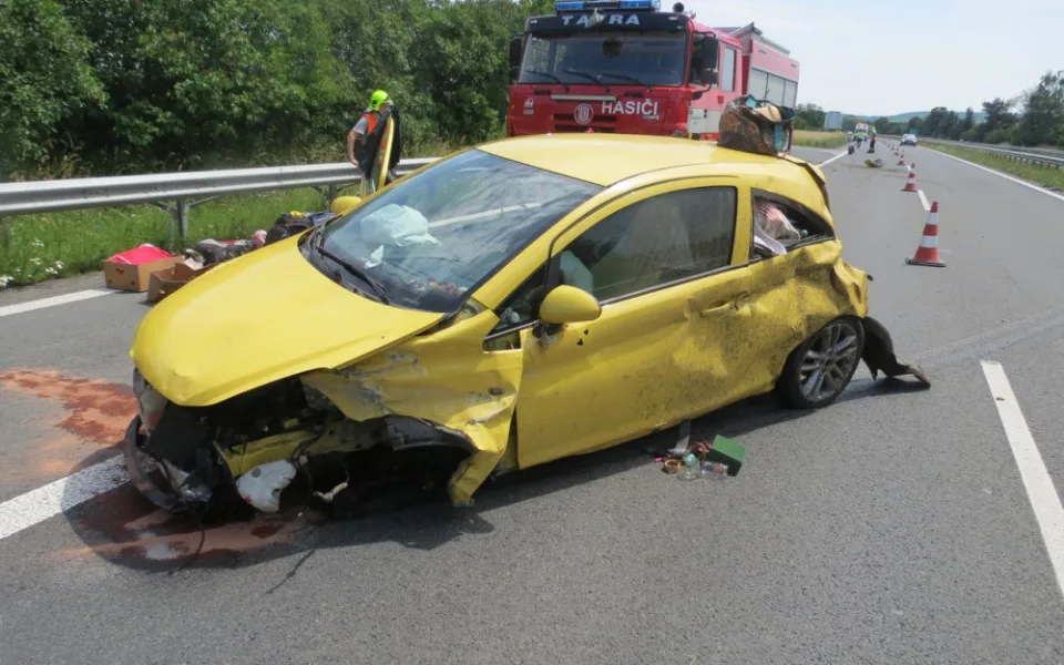 Řidička se při jízdě na dálnici lekla housenky, která po ní lezla. Při nárazu do svodilel se zranila ona i spolujezdkyně