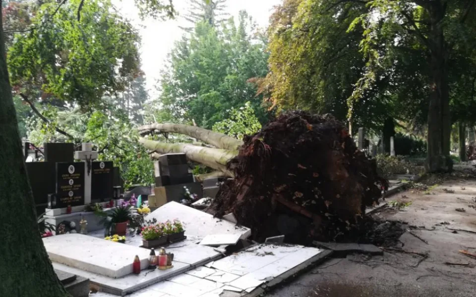 Desítky hrobů na prostějovském hřbitově jsou po včerejší bouřce poničeny